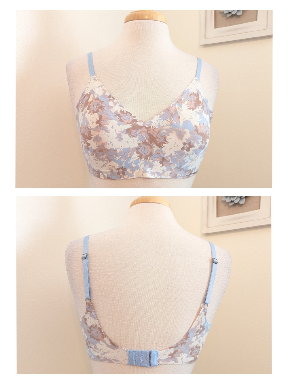 Lucky Brand Light Blue White Floral V Neck Wireless Bra Large